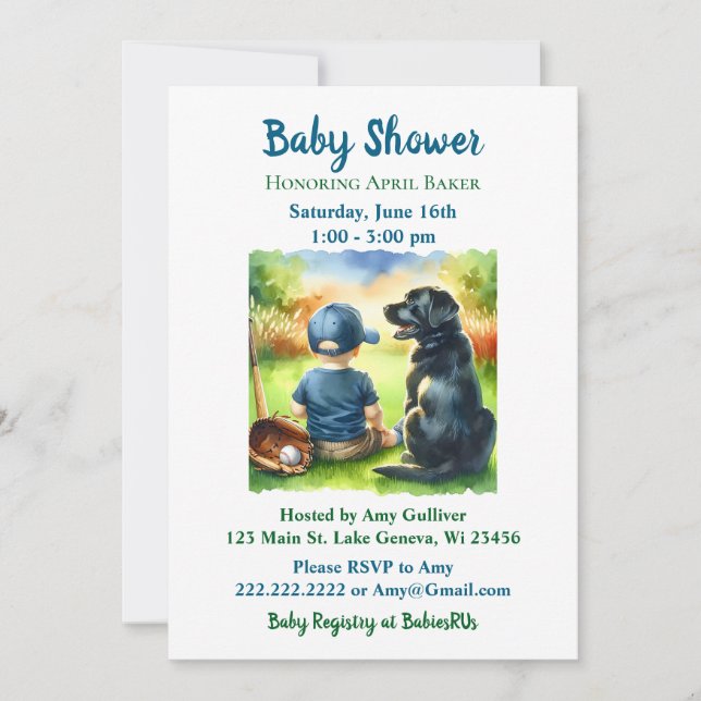 Black Lab und Baby Boy Baseball Themed Baby Dusche Einladung (Vorderseite)