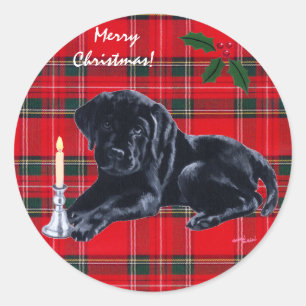 Black Lab Welpe Weihnachtskleber Tartan Runder Aufkleber