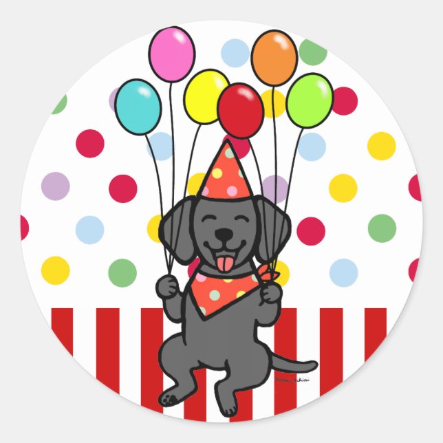 Black Lab Welppy Birthday Balloons Runder Aufkleber (Vorderseite)