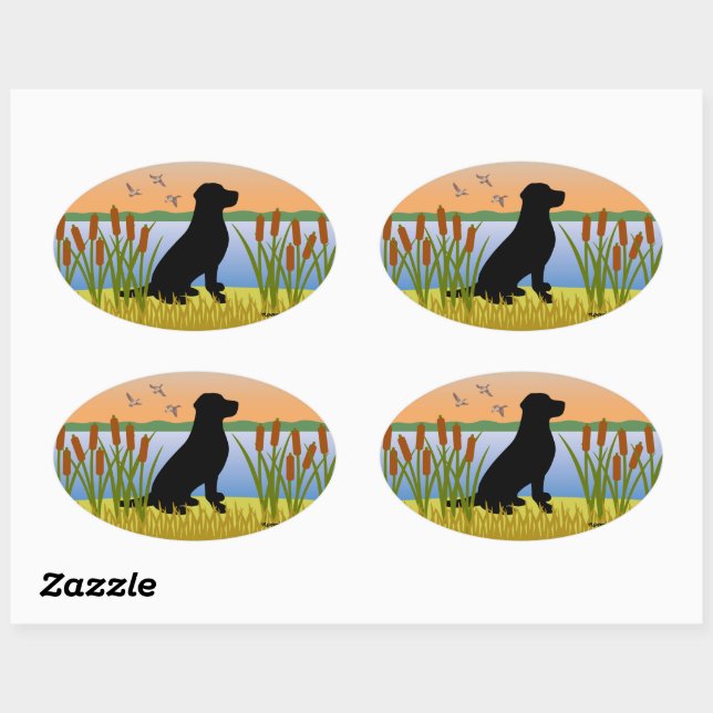 Black Labrador Bird Dog Sunset Ovaler Aufkleber (Blatt)