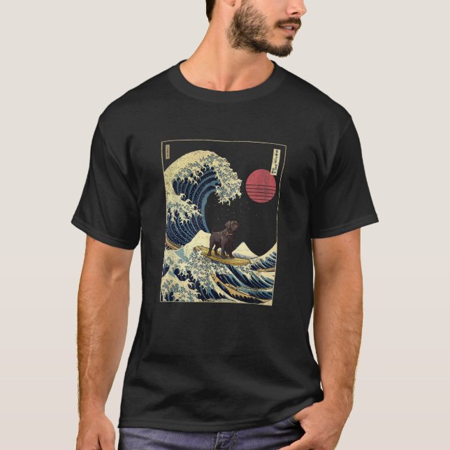 Black Labrador Japanese Kanagawa Wave Funny Surf D T-Shirt (Vorderseite)