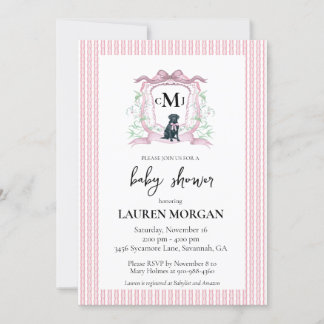 Black Labrador Monogram Pink Baby Shoounter Einladung