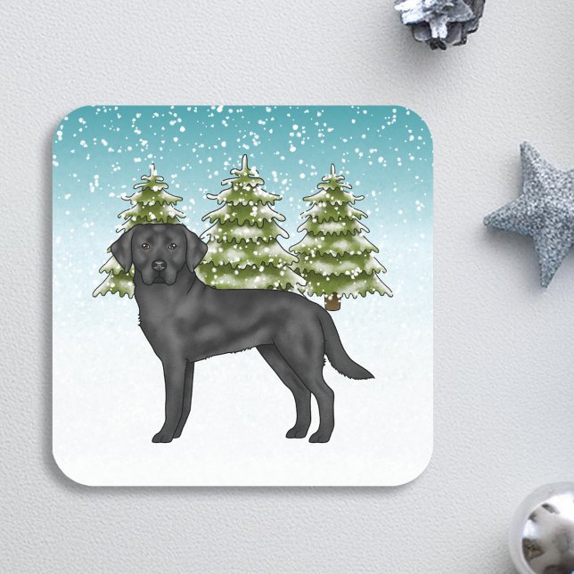 Black Labrador Retriever Blue Snowy Winterwald Quadratischer Aufkleber (Von Creator hochgeladen)