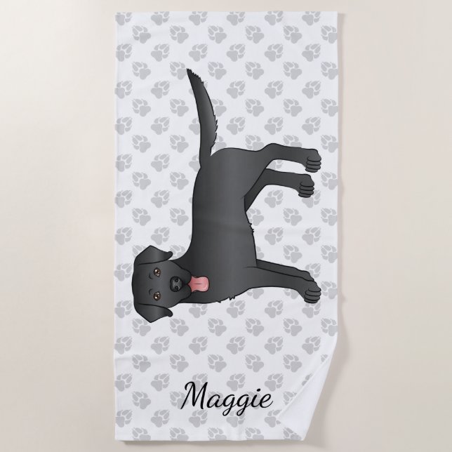 Black Labrador Retriever Cartoon Dog & Name Strandtuch (Vorderseite)