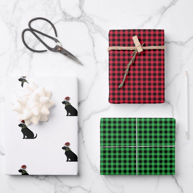 Black Labrador Retriever Christmas Pattern Karo Geschenkpapier Set (Vorderseite)