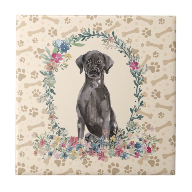 Black Labrador Retriever Dog Paw Print Floral Nied Fliese (Vorderseite)