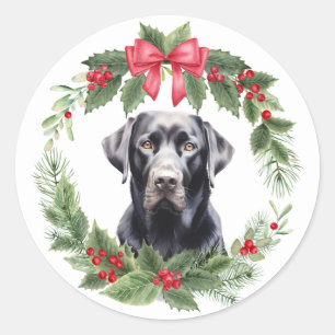 Black Labrador Retriever Dog Red Bow Holly Wreath Runder Aufkleber