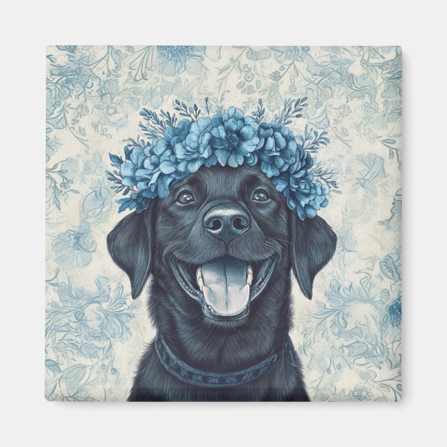 Black Labrador Retriever Hund Blue Floral Kitchen Magnet (Vorne)