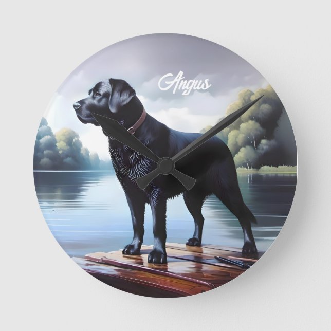 Black Labrador Retriever und Lake Runde Wanduhr (Vorderseite)