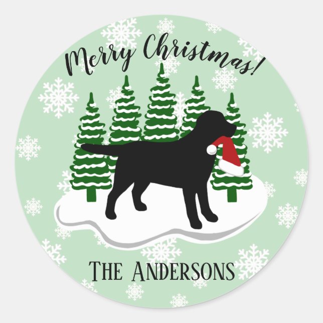 Black Labrador Weihnachten Evergreen Snowflakes Runder Aufkleber (Vorderseite)