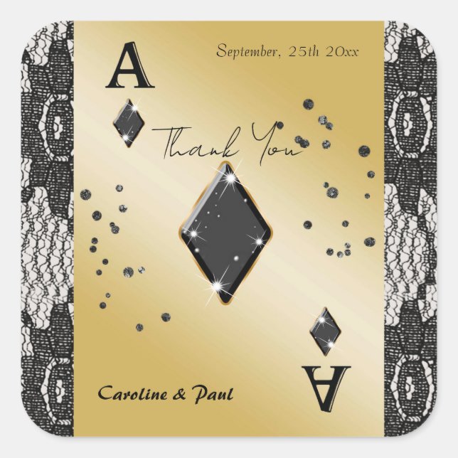 Black Lace, Ace of Diamonds, Black Glitzer Danke Quadratischer Aufkleber (Vorderseite)