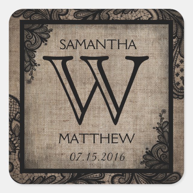 Black Lace Burlap Modern Goth Wedding Geschenketik Quadratischer Aufkleber (Vorderseite)