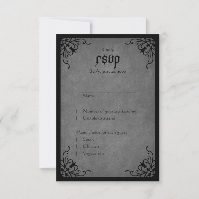 Black Lace Gothic Wedding RSVP Karte (Vorderseite)