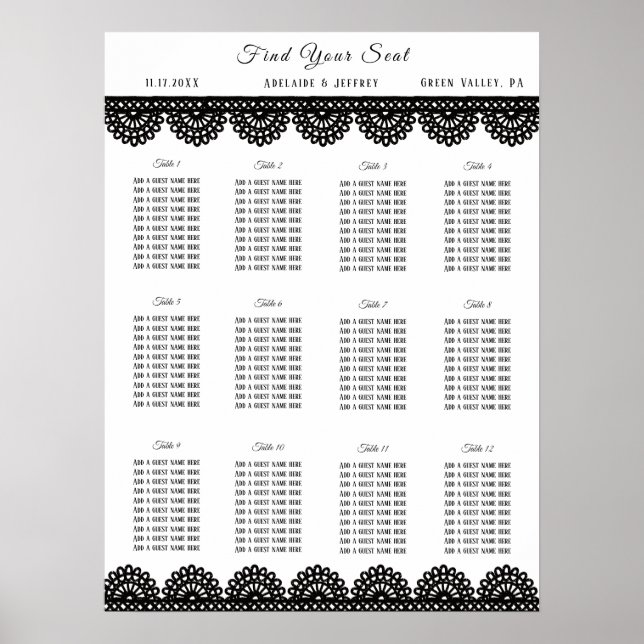 Black Lace on Soft Lavender Custom Seating Chart Poster (Vorne)