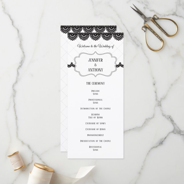 Black Lace on Soft Lavender Custom Wedding Programm (Vorderseite/Rückseite Beispiel)
