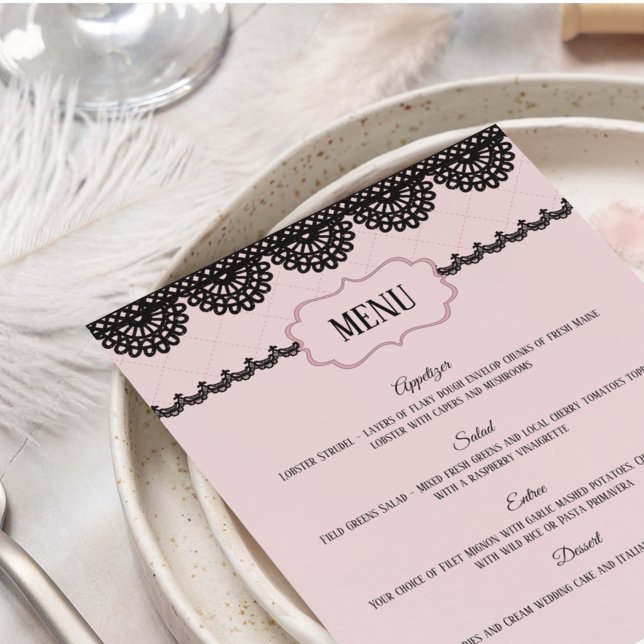Black Lace on Soft Pink Custom Wedding Menu Flyer (Von Creator hochgeladen)