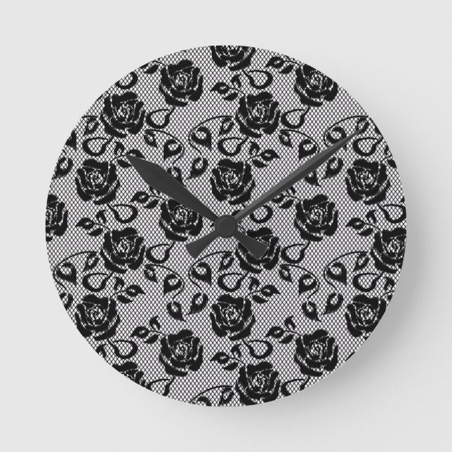 Black lace pattern on white background runde wanduhr (Vorderseite)