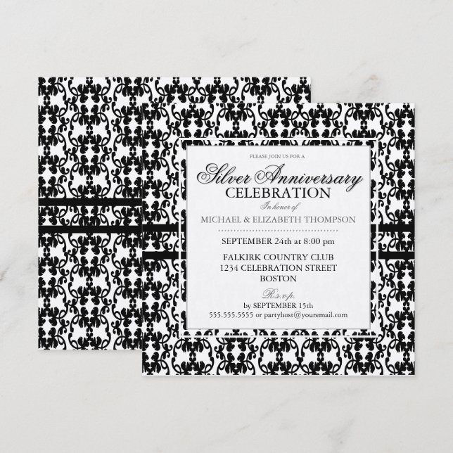 Black Lace Silver Jubiläum Party Einladungen (Vorne/Hinten)