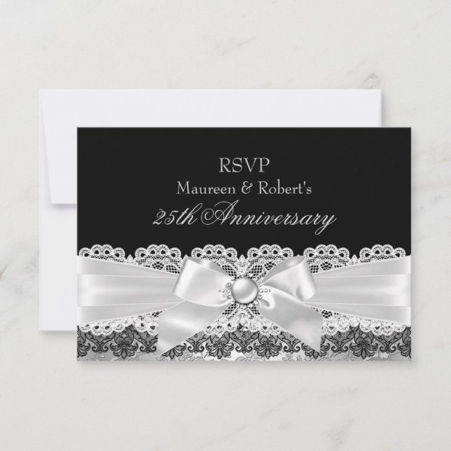 Black Lace & Silver Pearl Bow Jubiläum UAWG RSVP Karte (Vorderseite)