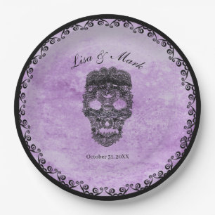 Black Lace Skull Lila Gothic Wedding Pappteller