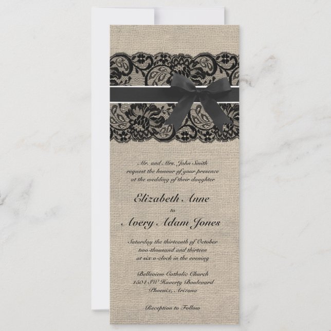 Black Lace und Burlap Hochzeit Einladung vertikal (Vorderseite)