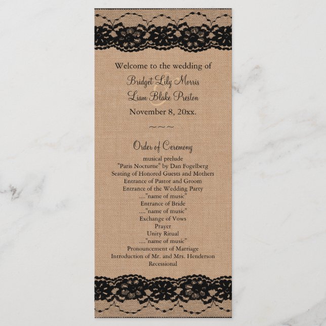 Black Lace und Burlap Wedding Programm (Vorderseite)