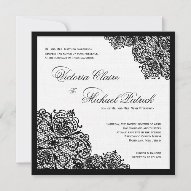 Black Lace White Linen Square Einladungen zur Hoch (Vorderseite)