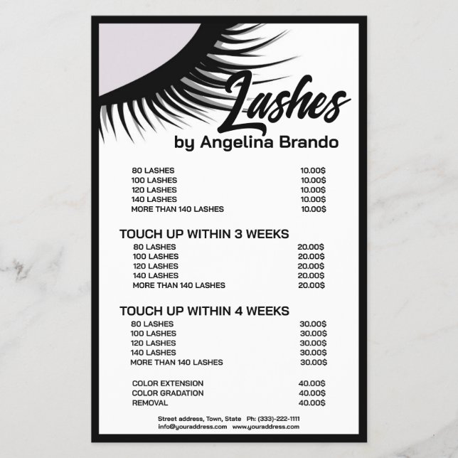 Black Lashes Eyelash Extensions White Price List Flyer (Vorne)
