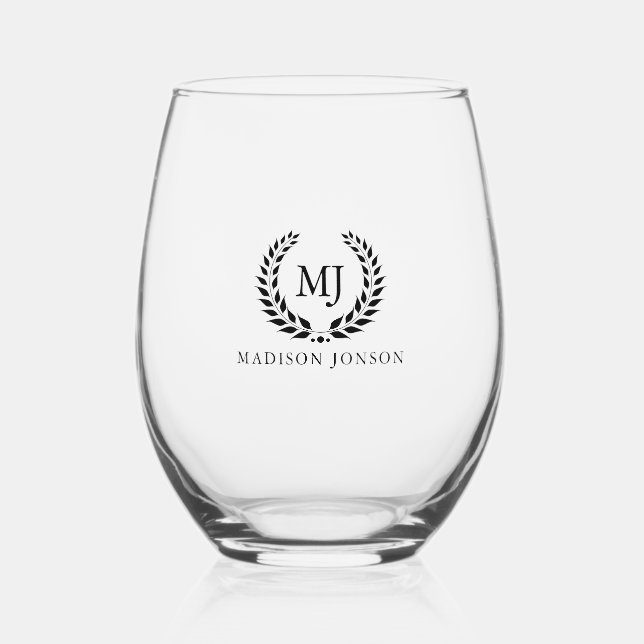 Black Laurel Wreath Black Monogram und Name Weinglas Ohne Stiel (Vorderseite)