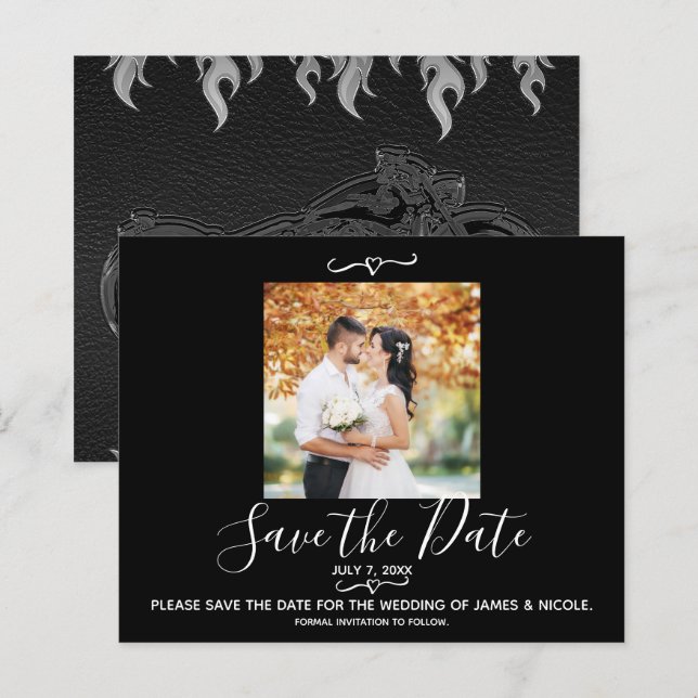 Black Leather Bike Wedding Foto Save the Date (Vorne/Hinten)