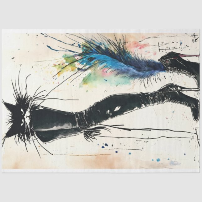 Black Leather Boot Cat modische Decoupage Seidenpapier (Vorderseite)