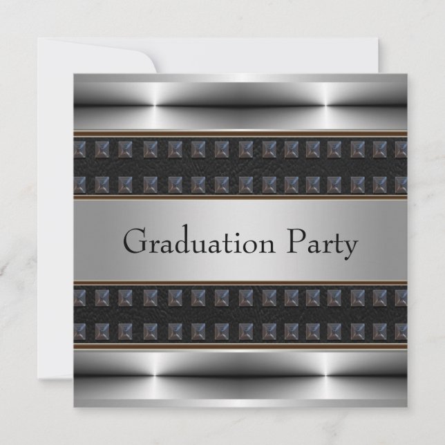 Black Leather Chrome Boys Graduation Party Einladung (Vorderseite)