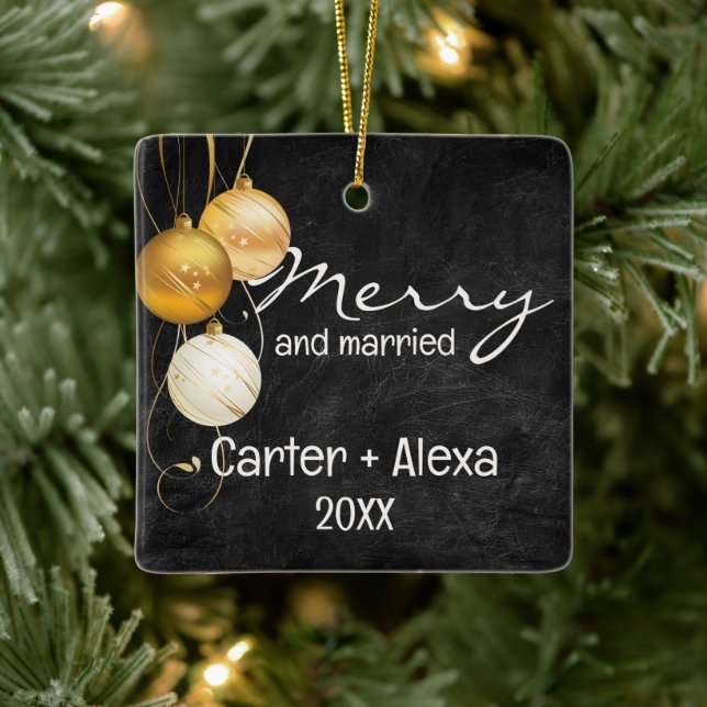 Black Leather First Christmas Verheiratet Keramikornament (Baum)