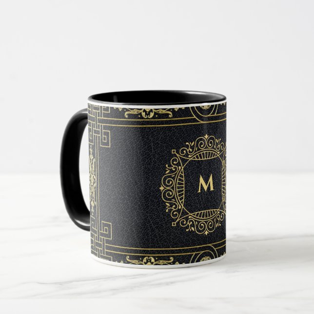 Black Leather Gold Art Deco Monogram Letter Kaffee Tasse (Vorderseite Links)