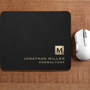 Black Leather Gold Monogram Mousepad