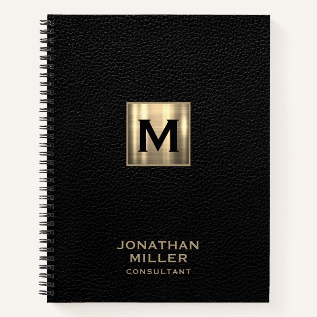 Black Leather Gold Monogram Notizbuch (Vorderseite)