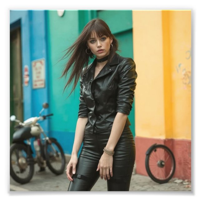 Black Leather Goth Babe gegen farbenfrohe Straße Fotodruck (Vorne)