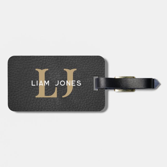 Black Leather Initials Mit Monogramm Modernes Vint Gepäckanhänger (Rückseite horizontal)