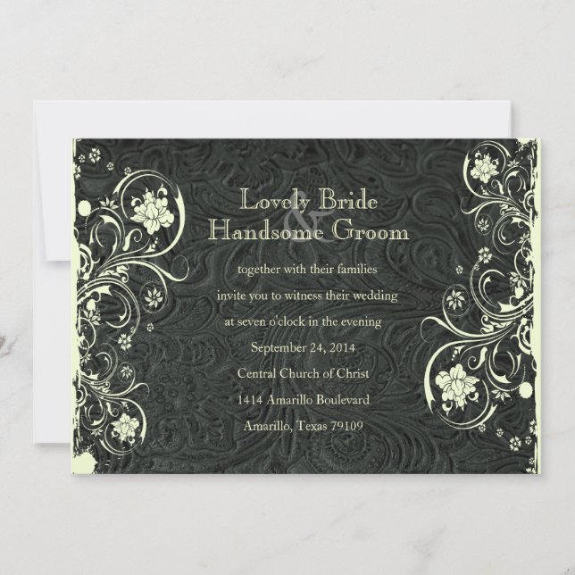 Black Leather Look Cream Lace Hochzeit Einladung (Vorderseite)
