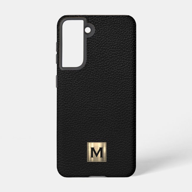 Black Leather Luxury Gold Monogram Samsung Galaxy Hülle (Rückseite)