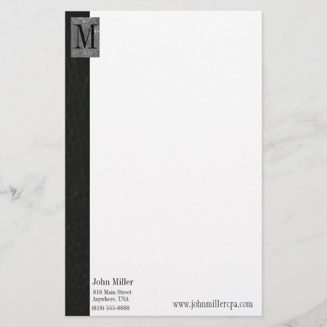 Black Leather Monogram Business Letterhead Briefpapier (Vorderseite)