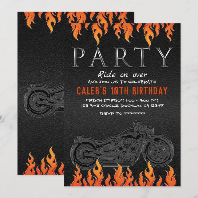 Black Leather Orange Flames Motorrad-Party Einladung (Vorne/Hinten)