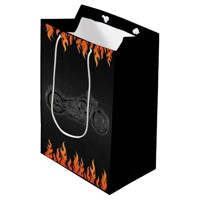 Black Leather Orange Flames Motorrad-Party Mittlere Geschenktüte (Vorderseite Schrägansicht)