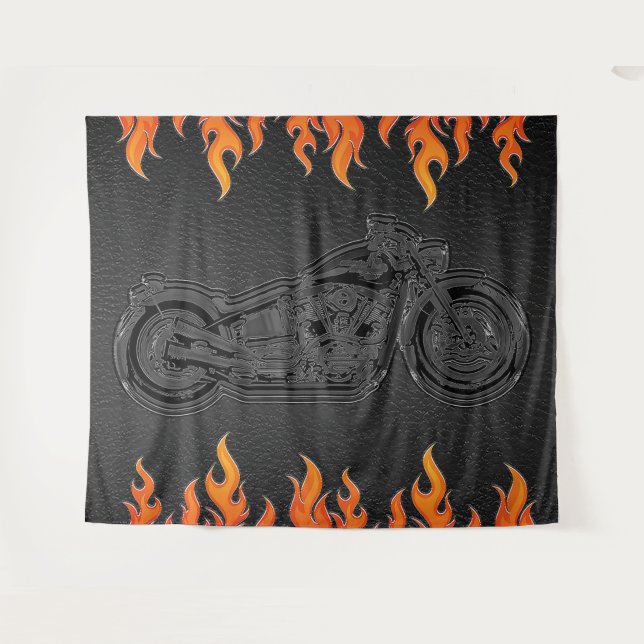 Black Leather Orange Flames Motorrad-Party Wandteppich (Vorderseite (Horizontal))