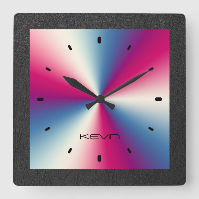Black Leather & Shiny Metallic Stainless Steel Quadratische Wanduhr (Vorderseite)