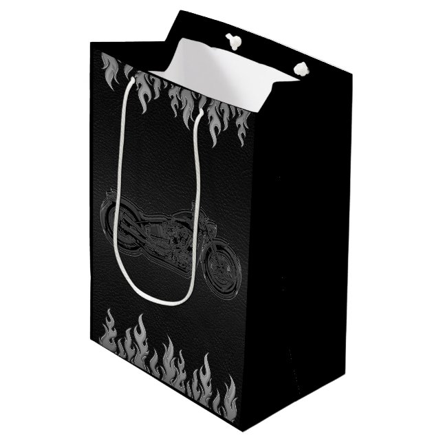 Black Leather Silver Chrome Motorrad-Party Mittlere Geschenktüte (Vorderseite Schrägansicht)