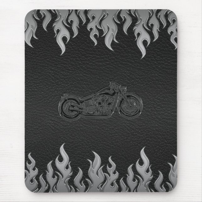 Black Leather Silver Flames Chrome Motorrad Mousepad (Vorne)