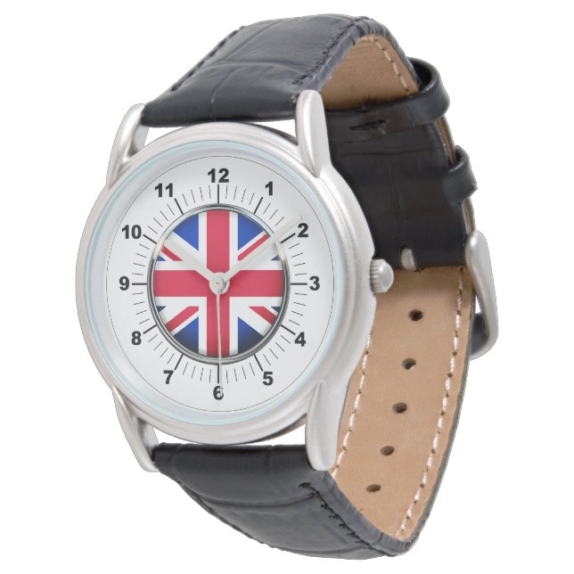 Black Leather Strap Watch - Britische Flagge Armbanduhr (Schrägansicht)