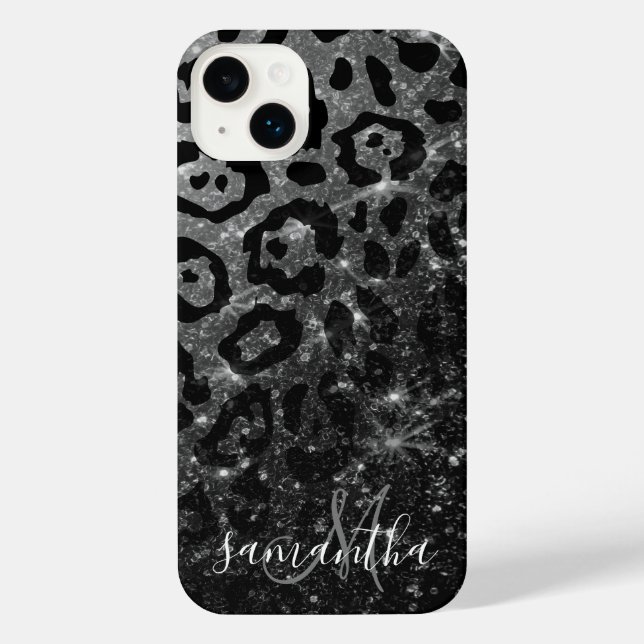 Black Leopard Print und Glitzer iPhone 14 Plus Hülle (Rückseite)