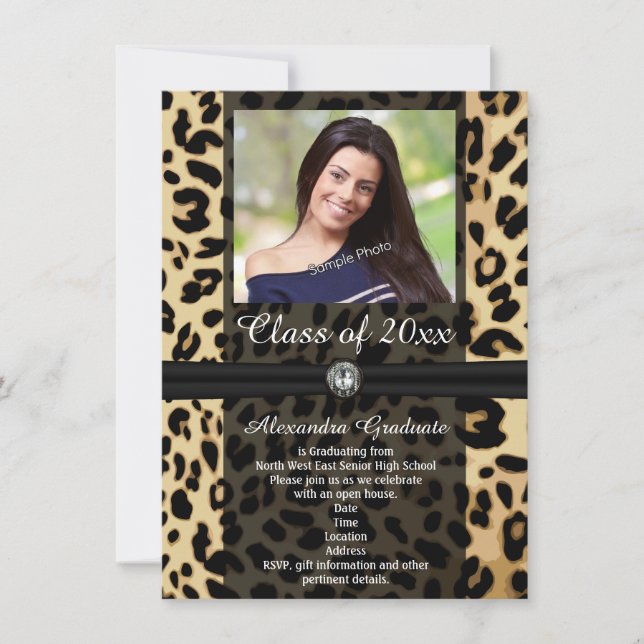 Black Leopard Ribbon Foto Abschluss Einladung (Vorderseite)